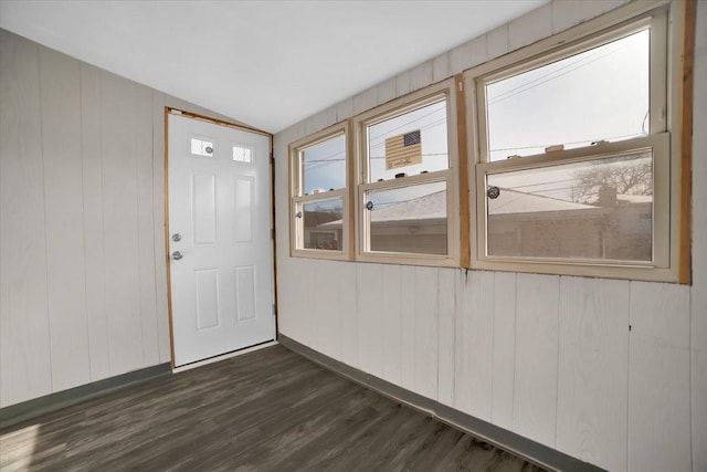 doorway to outside featuring lofted ceiling and dark wood-type flooring