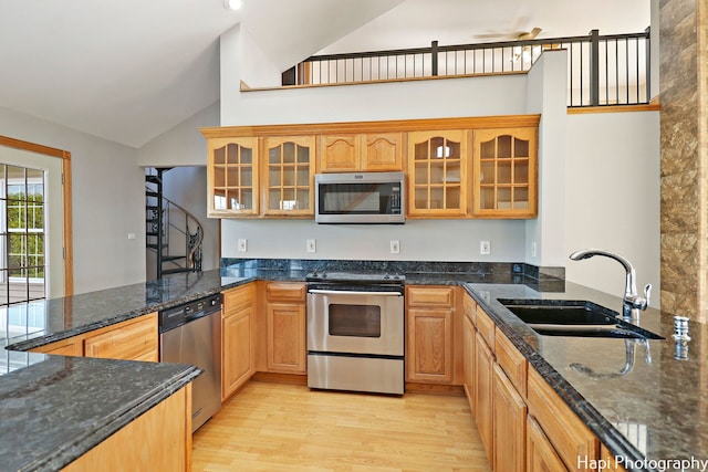 kitchen featuring stainless steel appliances, sink, dark stone countertops, and light hardwood / wood-style floors