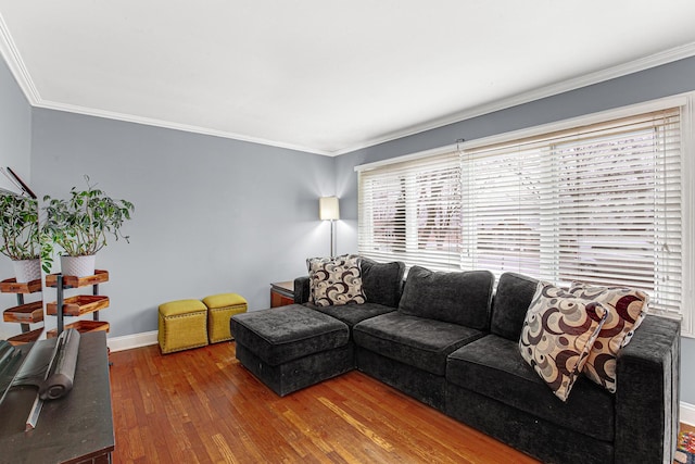 living room featuring hardwood / wood-style flooring and ornamental molding