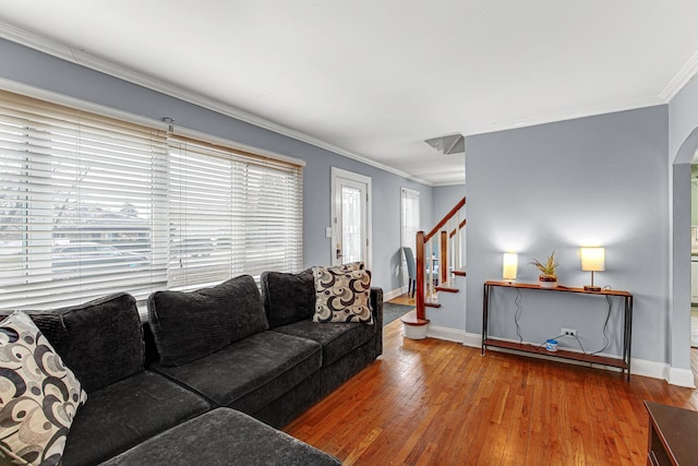 living room with crown molding and hardwood / wood-style flooring