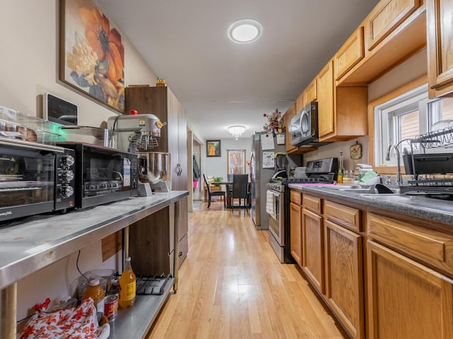 kitchen with stainless steel appliances, sink, and light hardwood / wood-style flooring