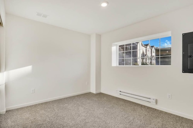 unfurnished room featuring a baseboard radiator, carpet floors, and electric panel