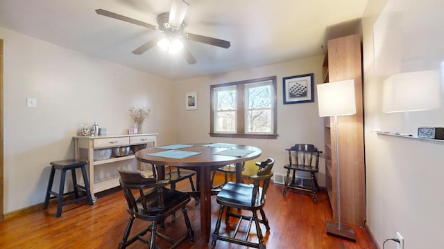 dining room featuring dark wood-type flooring and ceiling fan