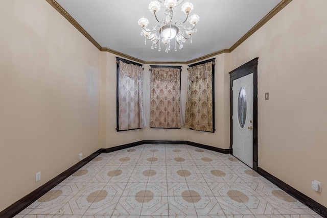 spare room with an inviting chandelier and ornamental molding