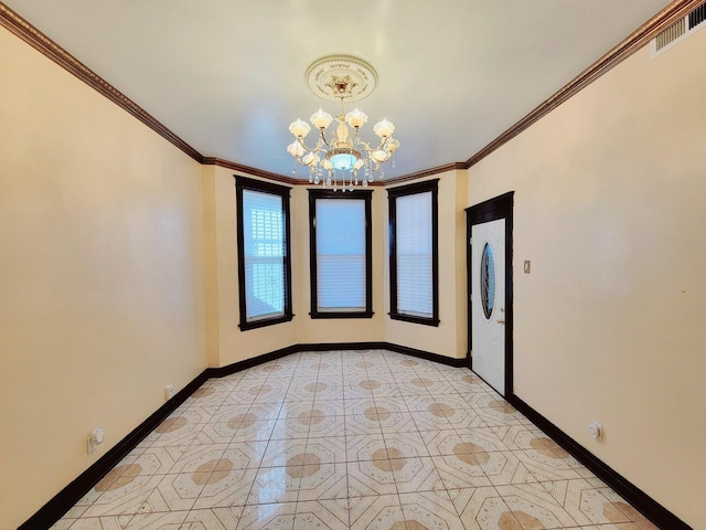 unfurnished room with a chandelier, baseboards, visible vents, and crown molding