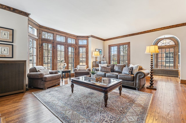 living room with wood-type flooring and crown molding