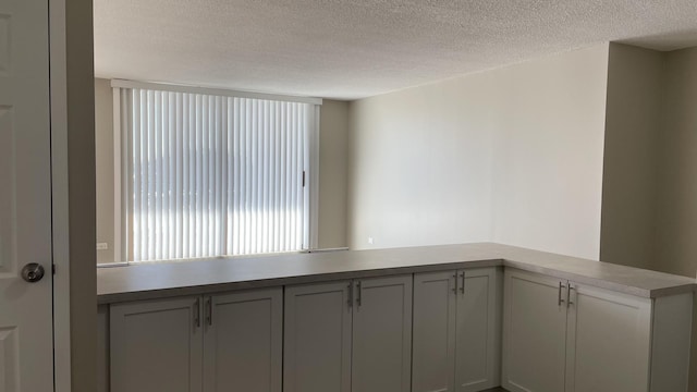 interior space featuring a textured ceiling, light countertops, and a peninsula