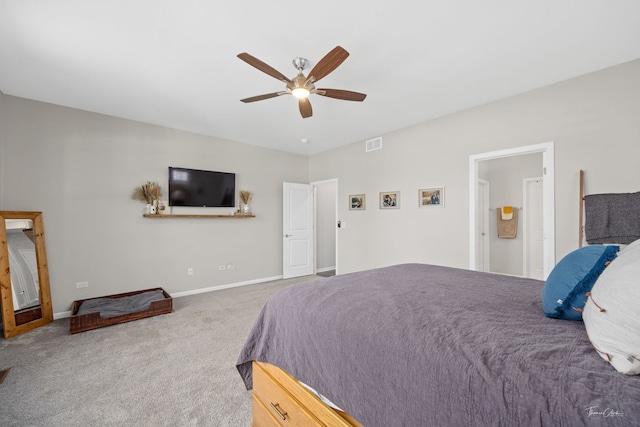 bedroom with carpet floors, a ceiling fan, visible vents, and baseboards