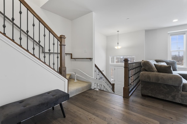 stairs with hardwood / wood-style flooring