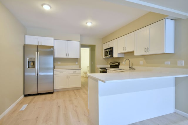 kitchen with appliances with stainless steel finishes, kitchen peninsula, sink, and white cabinets