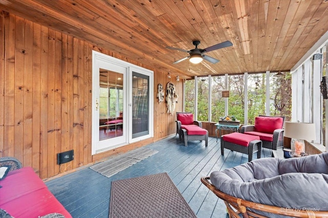 sunroom featuring wood ceiling and ceiling fan