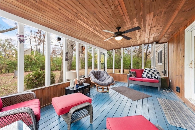 sunroom / solarium with wood ceiling, plenty of natural light, and ceiling fan