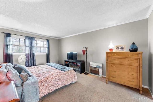 bedroom featuring ornamental molding, light carpet, and a textured ceiling