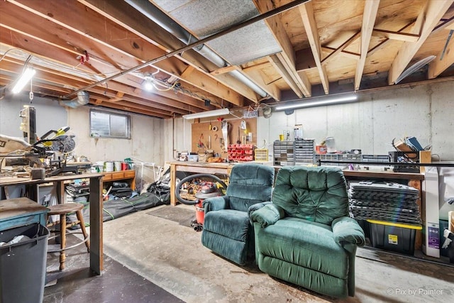 basement with a workshop area