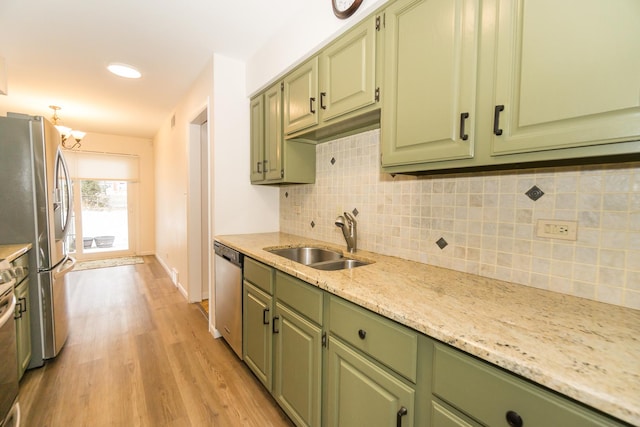 kitchen featuring sink, backsplash, green cabinets, stainless steel appliances, and light wood-type flooring