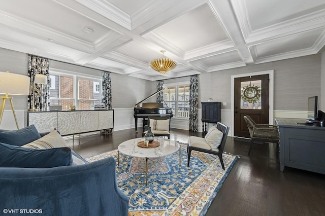 living room featuring coffered ceiling, beamed ceiling, and dark wood finished floors