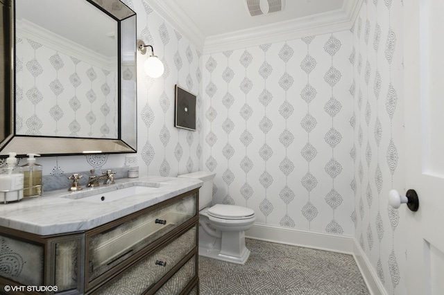 bathroom featuring crown molding, toilet, wallpapered walls, vanity, and visible vents