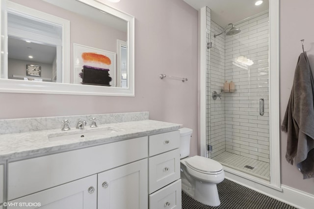full bath featuring toilet, vanity, a stall shower, and tile patterned flooring