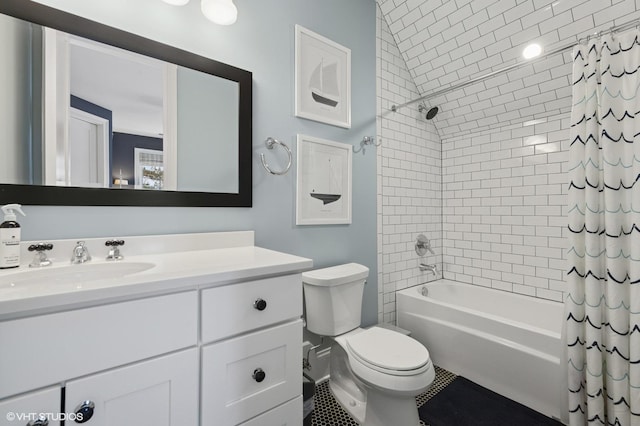full bath featuring shower / tub combo, toilet, and vanity