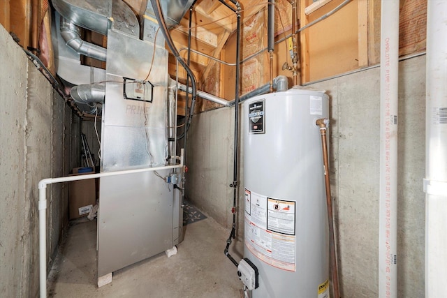 utility room featuring heating unit and water heater