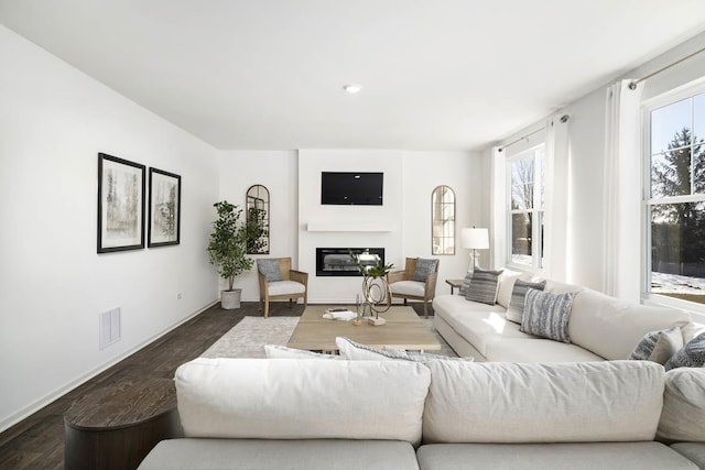 living room with dark hardwood / wood-style flooring