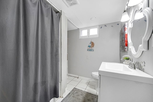 full bathroom with visible vents, tile patterned flooring, vanity, baseboards, and toilet