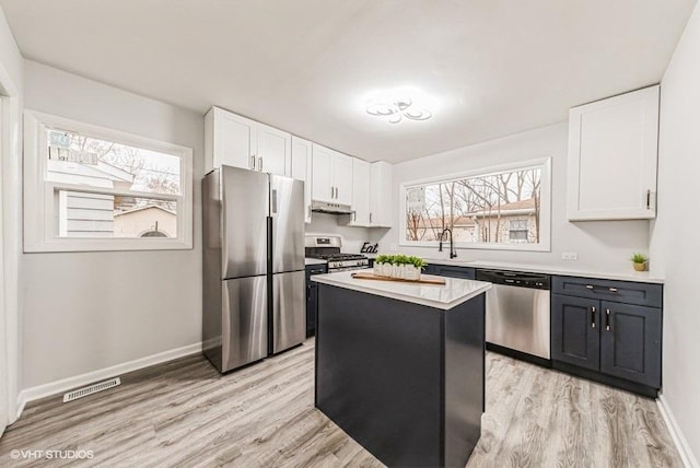 kitchen featuring sink, white cabinetry, stainless steel appliances, a healthy amount of sunlight, and a kitchen island