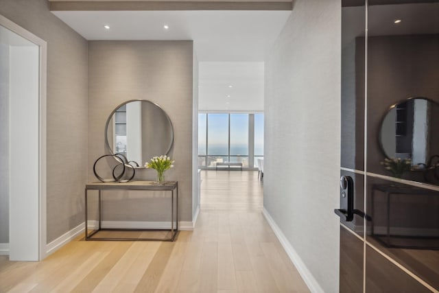 hallway with light hardwood / wood-style flooring and floor to ceiling windows