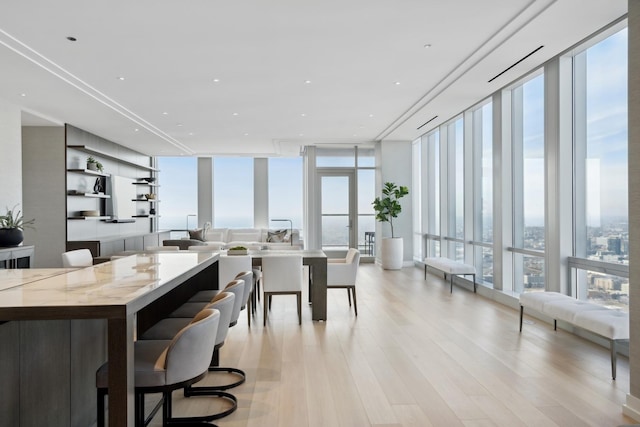 interior space featuring a healthy amount of sunlight, floor to ceiling windows, and light hardwood / wood-style floors