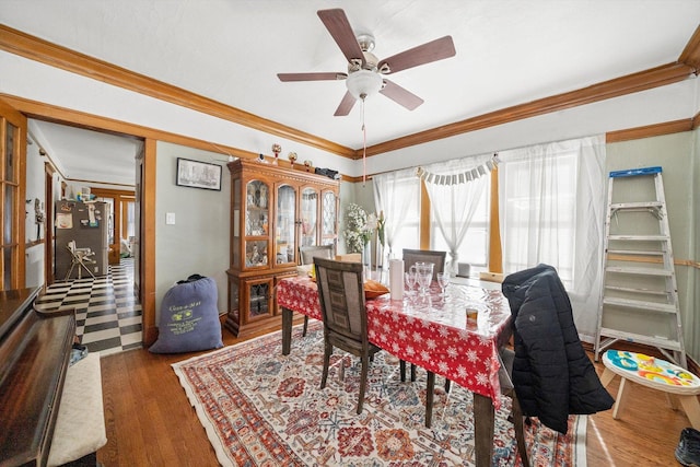 dining room featuring ornamental molding, dark wood-type flooring, and ceiling fan