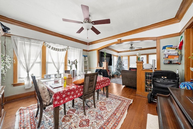 dining area featuring ornamental molding, dark wood-type flooring, and ceiling fan