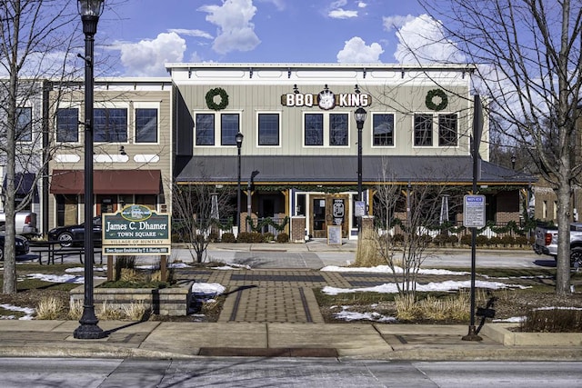 view of snow covered building