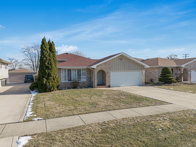 ranch-style house featuring a garage, a front lawn, concrete driveway, and brick siding