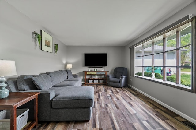 living room with baseboards and wood finished floors
