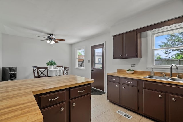kitchen with wooden counters, a sink, dark brown cabinets, and ceiling fan