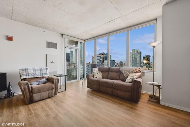 living room featuring expansive windows and light wood-type flooring