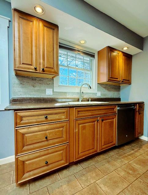 kitchen with dark countertops, backsplash, and dishwasher