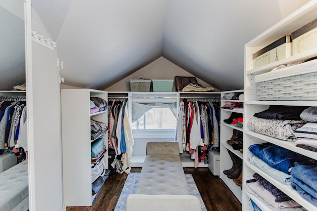 spacious closet with lofted ceiling and dark hardwood / wood-style floors