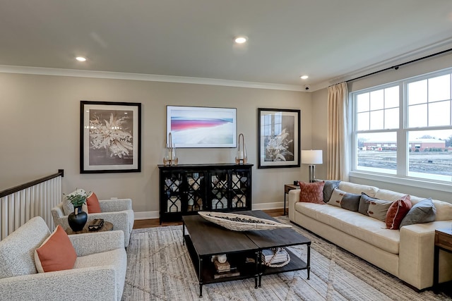 living room with crown molding and light hardwood / wood-style flooring