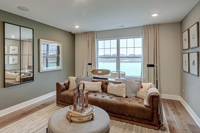 living room with a water view and light wood-type flooring