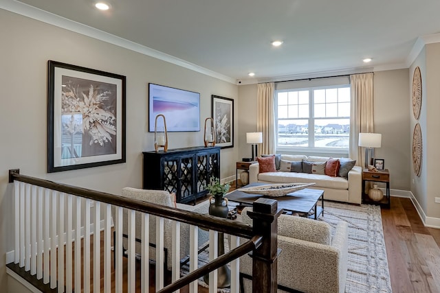 living room featuring wood-type flooring and ornamental molding