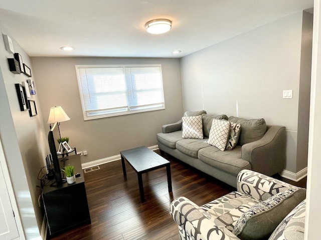 living room featuring dark wood-type flooring