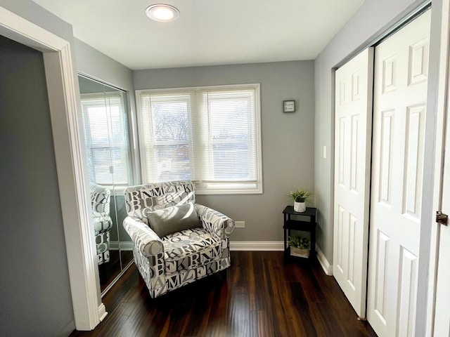 sitting room with dark wood-type flooring