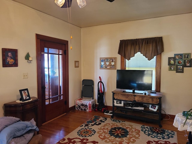 living room with plenty of natural light and dark hardwood / wood-style flooring