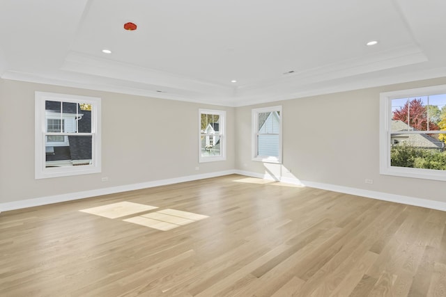 unfurnished room featuring light hardwood / wood-style flooring, ornamental molding, a raised ceiling, and a healthy amount of sunlight