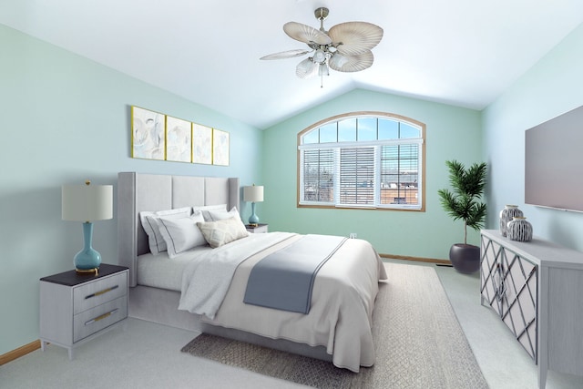 bedroom featuring vaulted ceiling, ceiling fan, baseboards, and light colored carpet