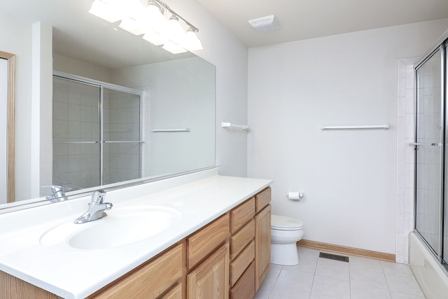 full bathroom featuring toilet, tile patterned flooring, visible vents, and vanity