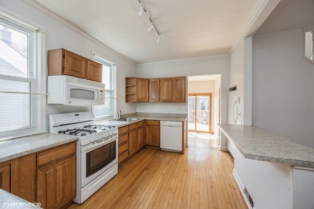 kitchen featuring rail lighting, sink, light wood-type flooring, crown molding, and white appliances