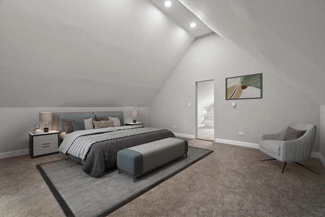 carpeted bedroom with vaulted ceiling