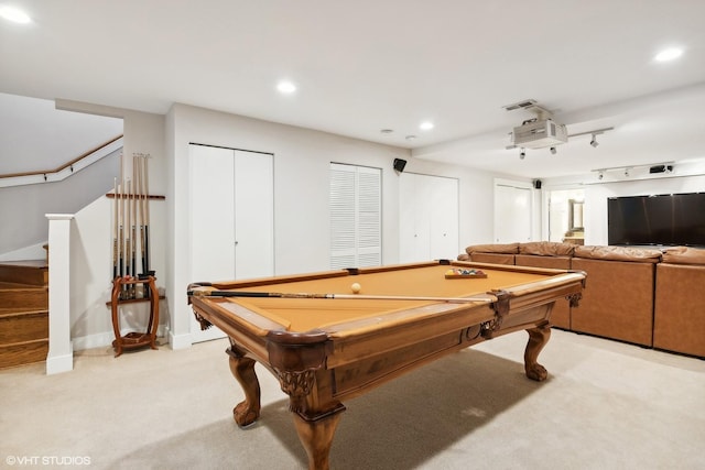 game room with recessed lighting, billiards, visible vents, and light colored carpet